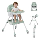 High Chairs for Babies and Toddlers, 4 in 1 Convertible Baby High Chair, Portable High Chair for Travel with Adjustable Height and Back, Foldable HighChair with Wheels& Pu Cushion (Green)