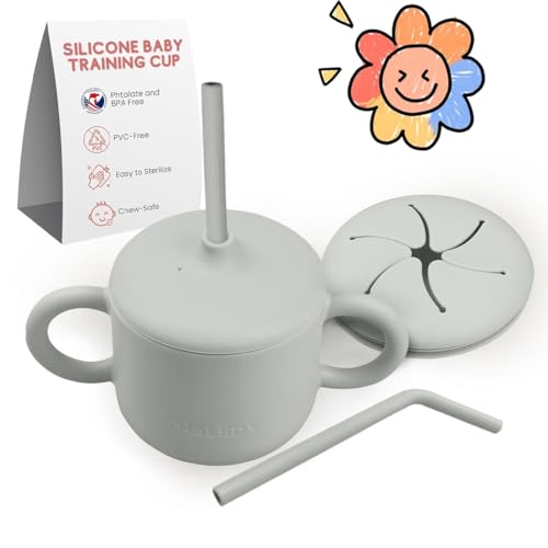 Image of THALEDY Silicone sippy cup for 6 month old baby (8Oz/250ml) with straw, sippy cup for toddlers with soft spout and lid for practicing with snacks and sippy cup for 1 year old with handles.