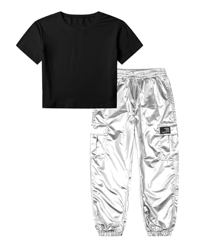 Image of Betusline Girls 2 Piece Summer Outfits,Kids Casual Short Sleeve Crop Top & Cargo Jogger Pants Sets,4T-14Y
