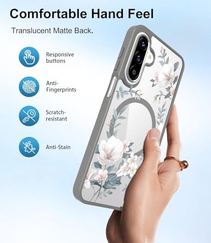 Image of VONZEE Compatible with Samsung Galaxy A36 5G Case Luxury Retro Flowers Floral Clear for Magnetic Wireless Charging Case Shockproof Case PC+TPU Cute Glossy Shiny Cover for Girls Women, Grey
