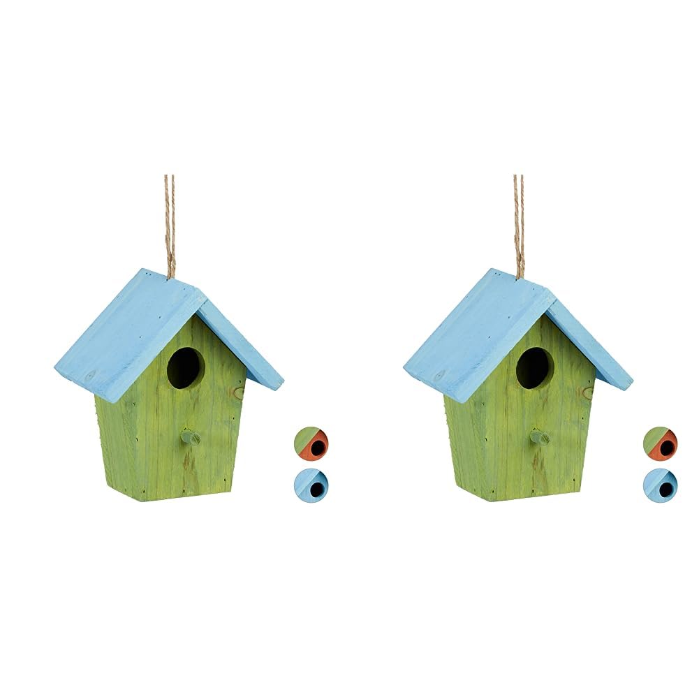 Relaxdays Casita para pájaros, Comedero Colgante de Aves, Adorno de jardín, Madera, 1 Ud, 16x15x8 cm, Verde (Paquete de 2)