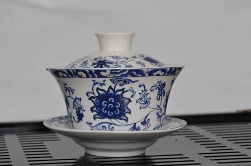 YXHUPOT Gaiwan Blue White Porcelain Teacup Sancai Tea Cup Saucer Cover Set Lotus (300ml Lotus), 4 inches by 3.5 inches - Image 2