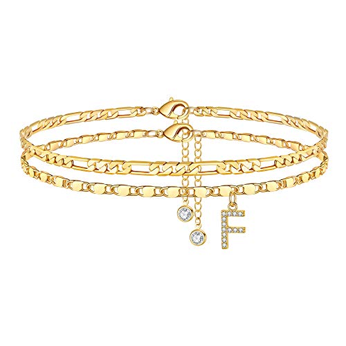 Image of Ursteel Ankle Bracelets for Women, 14K-Gold-Plated Dainty Layered Chain CZ Initial Anklets Set Summer Jewelry Gifts for Women