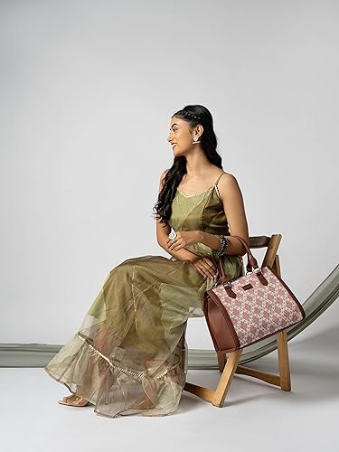 Image of ZOUK Printed Jute Handcrafted Vegan Leather Multicolor Women's Satchel Bag | Ladies Purse Handbag | Double Handle Detachable Strap