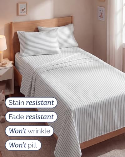 Image of Twin 4 Piece Bed Sheet Set - Breathable & Cooling Sheets - Grey Stripes | Ultra Soft Hotel Luxury Bedding Set with 8-16 Inch Deep Pockets, 1 Flat & 1 Fitted Sheet & 2 Pillowcases, Wrinkle & Fade Free