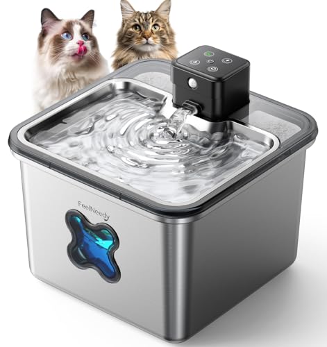 Cat Water Fountain Stainless Steel, FEELNEEDY Visual Filter Automatic Pet Water Fountain for Cats & Dogs Dispenser, Cordless Battery Operated Water Fountain for Cats Indoor - 3.2L/108oz