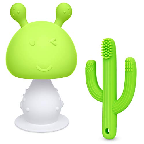 SHARE&CARE BPA Free Baby Teething Toys Set, 1pc Infant Rattling Mushroom Baby Teether Toys and 1pc Silicone Cactus Toothbrush Teether, Cute Chew Toys for Boys Girls Babies Toddlers Newborn (Green2)
