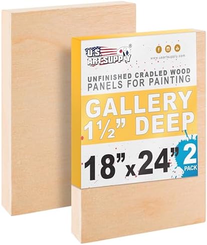 U.S. Art Supply 18" x 24" Unfinished Cradled Wood Panels for Painting, Gallery 1-1/2" Deep (2 Pack) - Artist Depth Wooden Wall Canvases - Mixed-Media Craft, Acrylic, Oil, Encaustic, Paint Pouring
