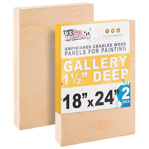 U.S. Art Supply 18" x 24" Unfinished Cradled Wood Panels for Painting, Gallery 1-1/2" Deep (2 Pack) - Artist Depth Wooden Wall Canvases - Mixed-Media Craft, Acrylic, Oil, Encaustic, Paint Pouring