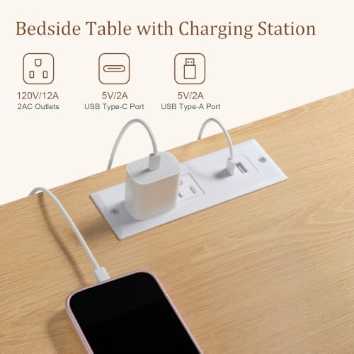 Image of LYNCOHOME 17.7 inch Tall Nightstand with Charging Station,Set of 2, Light Oak