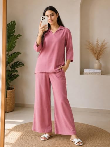 Image of Women's Co Ord Set for Women - Relaxed Fit Collared Top with 3 /4 Sleeves & Wide Leg Palazzo Pants, Casual Lounge Wear Matching Outfit for Daily Wear, Travel & Office