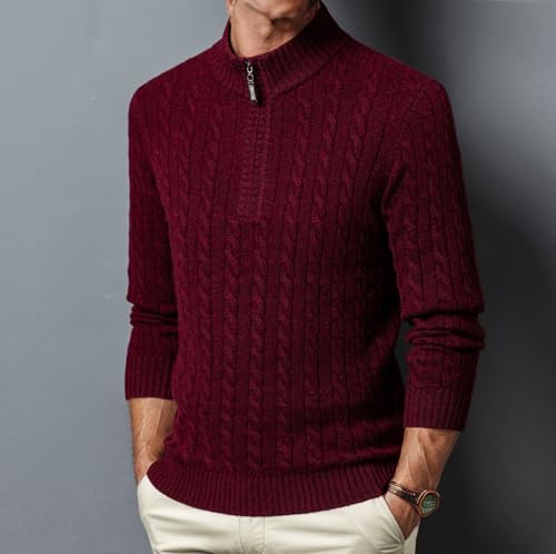 Mens 100% Wool Quarter Zip Sweater Long Sleeve Cable Knit Mock Neck Polo Casual Pullover Sweaters4