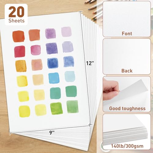 MAXECHO 20 Sheets Watercolor Paper, 9\" × 12\" Cotton Water Color Drawing Paper, 140lb/300gsm Loose Acrylic Painting Artist Sketch Sheets, Art Supplies for Adults, Watercolor Paint Set