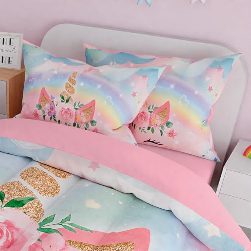 Image of SANDJEST Unicorns Bedding Set for Girls Kids Teen Tween, Ultra Soft Microfiber Comforter Set Twin Size with 3-Pieces, Comforters Bed Sets Bedroom Decor