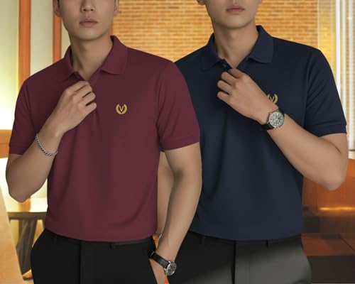 Image of MACK JONNEY Men's Solid Polo T-Shirt | Premium Cotton Blend | Regular Fit | Short Sleeve | Collared Casual Wear|Pack of 2 -MJ-157