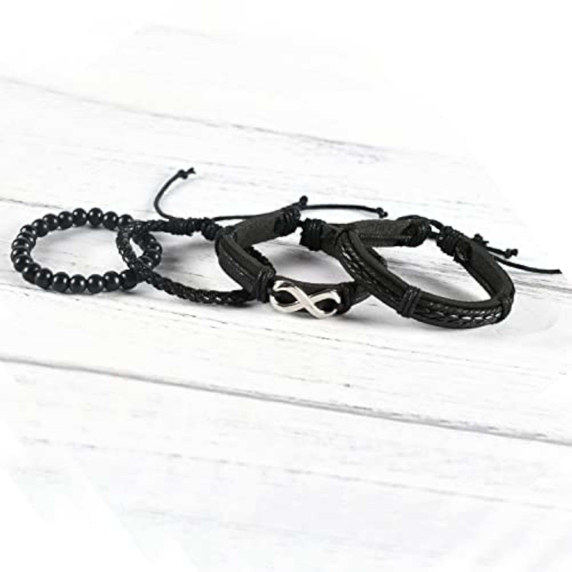 Black Synthetic Leather Pack of 4 Stylish Bracelets for Men