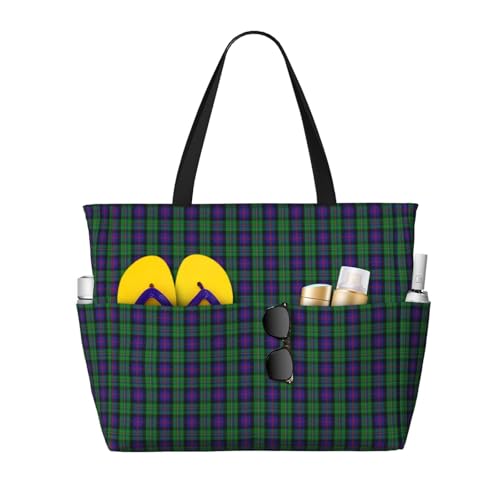 Scottish Clan Rose Hunting Tartan Plaid Oversized Beach Tote With Zipper Pockets – Lightweight, Washable, And Spacious Travel Bag, Beach Vacation Essentials For Women