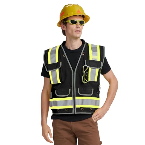 Aykrm High Vis Reflective Work Black Security Construction Heavy Woven Vest cover