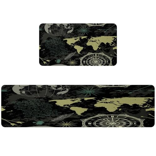 Tapete de cocina de 2 piezas VAPOKF con diseño náutico de brújula y mapamundi 2