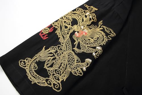 Image of Mens Japanese Kimono Cardigan Cotton Linen Haori Fashion 3 /4 Sleeve Yukata | Shawl Collar Kimono Jacket Robe Embroidery Patchwork Happi Coat Tie Pockets Lightweight Outerwear Daily Casual All Seasons