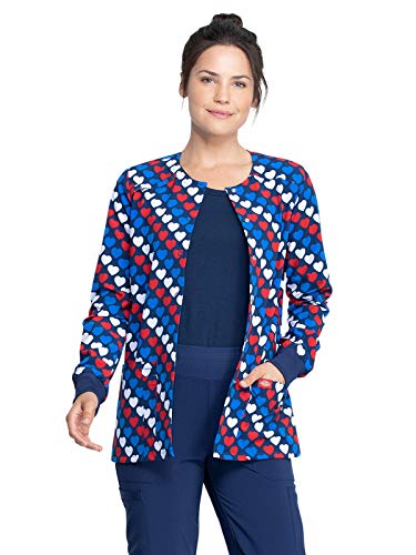 Dickies EDS Prints DK309 Women's Snap Front Warm-Up Jacket, Americana Hearts, X-Large