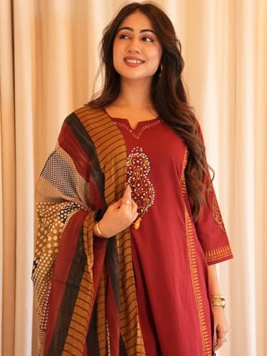 Image of Red Cotton Suit with Embroidered Design and Printed Dupatta, Traditional Indian Ethnic Wear for Women