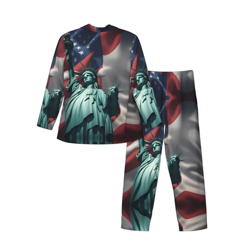 Statue Of Liberty Flag Mens Pajamas Set, Sleepwear Button Down Pjs Set For Bedtime Routine, Morning Lounge2