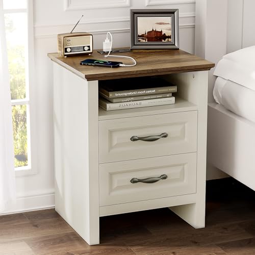 Pipishell Night Stand with Charging Station, Farmhouse Bedside Table with 2 Drawers and Open Storage, Rustic End Table with AC Outlets & Type-C Ports for Bedroom, White & Brown