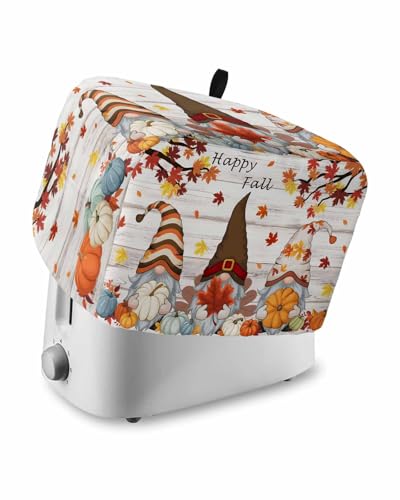Fall Toaster Cover 4 Slice, Gnome Pumpkin Maple Leaves Wood Grain Bread Maker Dust Cover with Pockets for Kitchen Small Appliance 12x11x8in