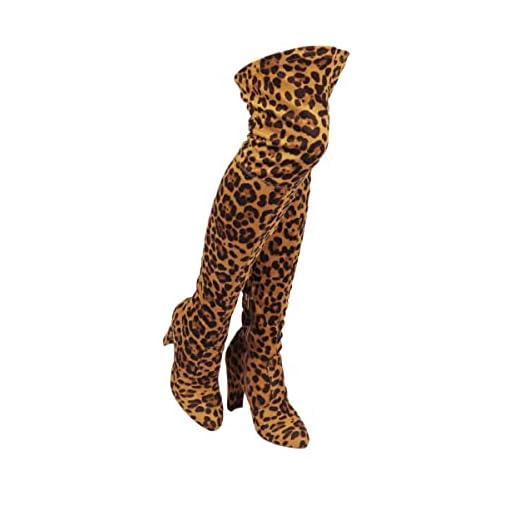 Wild Diva Women Stretchy Suede Chunky Heel Thigh High Over The Knee Boots Stretchy Leopard Size- 11