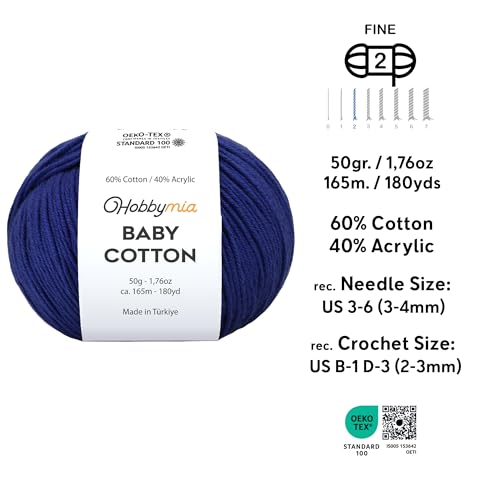 Image of Baby Cotton Blend Yarn - Soft Sport Weight Yarn for Crochet & Amigurumi - 50g /180yds - 60% Cotton 40% Acrylic - Ideal for Baby & Knitting Proj.(Navy Blue, 1 Ball)