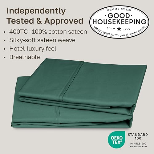 Image of California Design Den Standard Queen Size Pillowcase Set - 400 Thread Count, 100% Cotton Sateen, Set of 2 Pillow Covers, Soft and Breathable - Hunter Green
