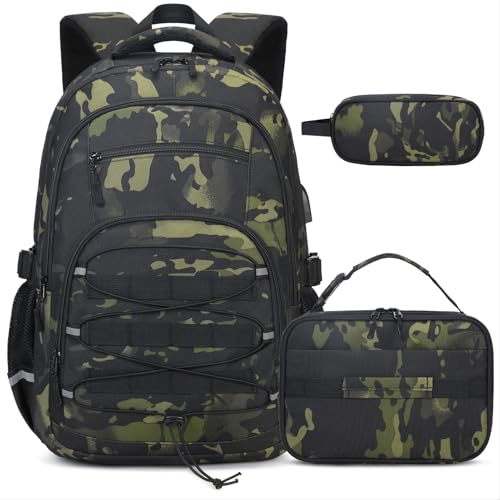 ACESAK Camo Backpack for Boys Tactical Kids Backpack Boys School Bags for Boy Children Teens Kids Elementary Middle High School Military Bookbag and Lunch Bag Pencil Case Set with USB Charging Port