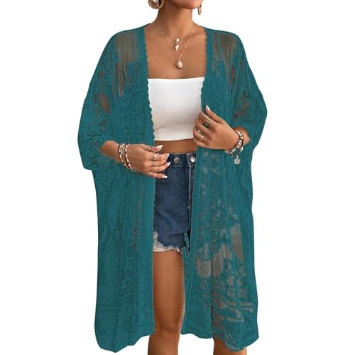 Bsubseach Lace Kimonos for Women 2025 Swim Cover Up Summer Beach Coverup Open Front Sheer Kimono Cardigan Blue One Size