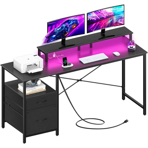 Yoobure Computer Desk with Drawers, 55.1″ Gaming Desk with LED Lights & Power Outlets, Office Desk with File Cabinets, Gaming Table with Long Monitor Stand, PC Desk with Storage, Carbon Fiber Black