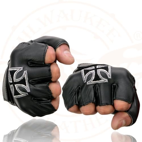 Image of Milwaukee Leather SH198 Men's Black Flame Embroidered Fingerless Gloves with Gel Palm