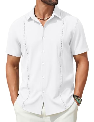 COOFANDY Men's Guayabera Premium Lightweight Embroidered Pleated Cuban Shirt Cruise Summer A-White