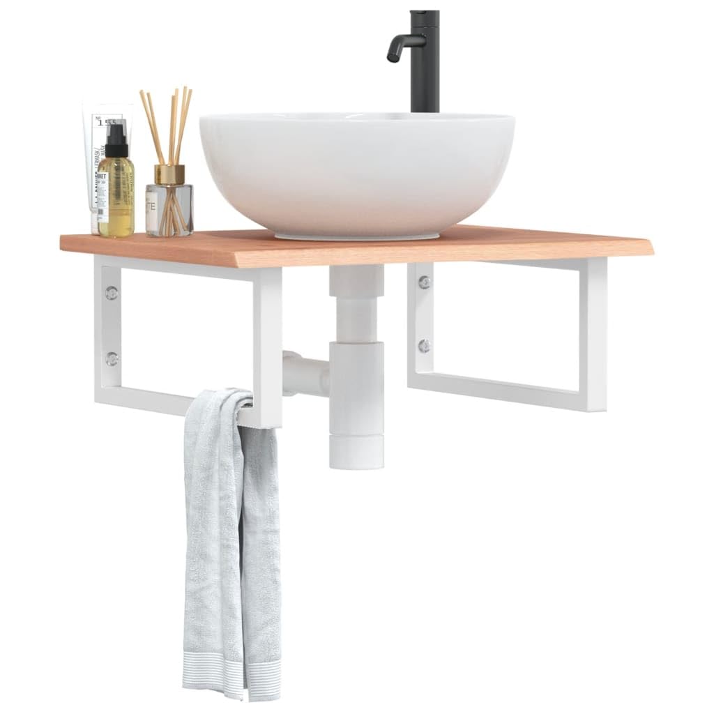 Waschtischplatte Eiche 60x50 cm mit Stahlhalterung Weiss | Platzsparende Konsole aus echtem Holz für das Badezimmer, inklusive zwei robusten Wandhalterungen aus Stahl.