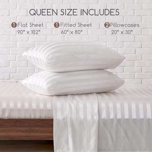 Image of MR&HM Satin Bed Sheets, Queen Size Sheets Set, 4 Pcs Silky Bedding Set with 15 Inches Deep Pocket for Mattress (Queen, Ivory Striped)