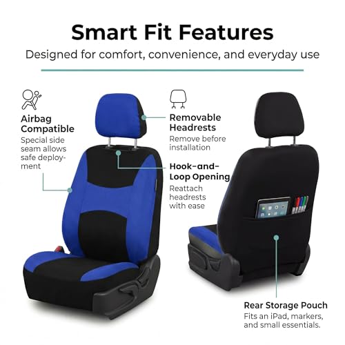 Image of FH Group Car Seat Covers Front Set Blue Cloth-Seat Covers for Low Back Car Seats with Removable Headrest,Universal Fit,Automotive SeatCover,Airbag Compatible Car Seat Cover for SUV,Sedan,Van