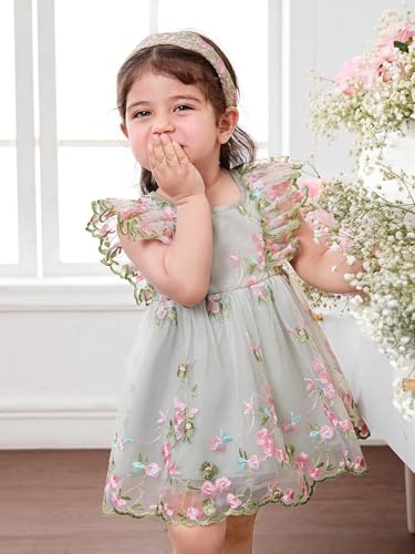 Image of Tagas Girls' Knee-Length Dress|Elegant Floral Embroidered Baby Girl Party Dress with Bow|Soft Net Layered Frock for Birthday, Wedding & Festive Occasions|Comfortable & Stylish