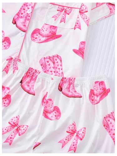 Image of Verdusa Women's 2 Piece Floral Bow Pajama Set Short Sleeve Button Down Shirt and Shorts Set White and Pink Small