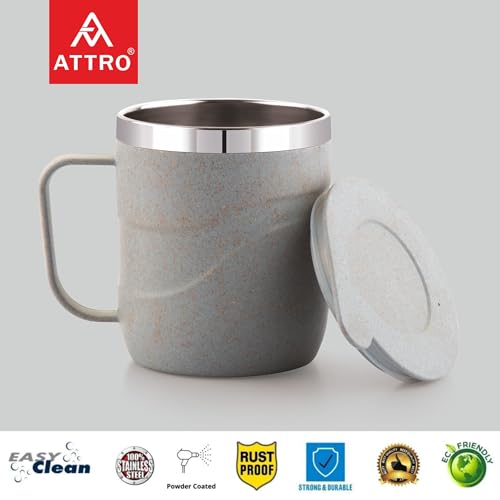 Image of ATTRO Brew Mug - Stainless Steel Inner with eco Friendly Outer Body Durable & Stylish, Microwave Safe Coffee /Tea Mug with Handle & Lid, Ideal for Home, Office, Travel & Gifting - 300ml - Pastel Grey