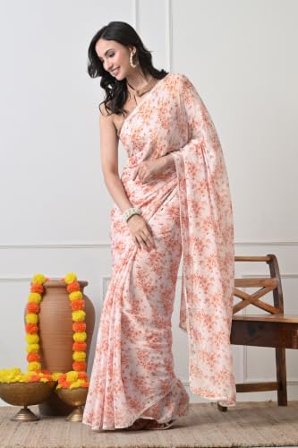 Image of MIRCHI FASHION Saree for Woman Georgette Floral and Leaf Printed | Elegant Farewell and Ceremonial Women's Sari with Blouse Piece