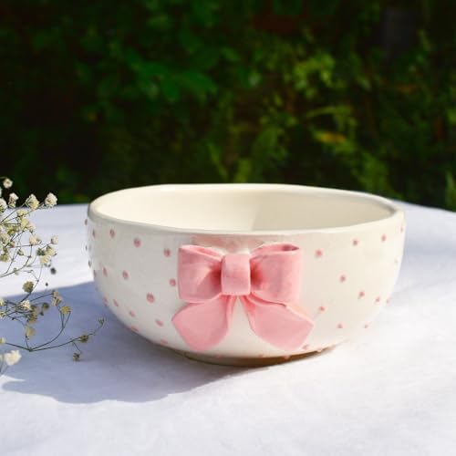 Image of Handmade Ceramic Pinterest Bowl - Pink Bow | Aesthetic Breakfast Adorable Microwave Ceramic Bowl - 450 ml