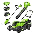 Greenworks 2 x 24V 17" Brushless Cordless (Push) Lawn Mower + Blower (320 CFM) + 12" String Trimmer, (2) 5.0Ah Batteries and Charger Included 125+ Compatible Tools)