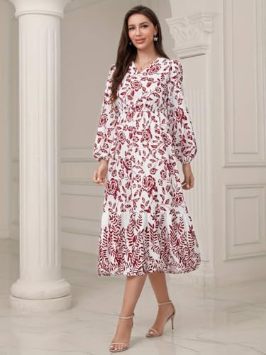 Tadkee Women's Cotton Blend Classic Below The Knee Casual Dress (Fn-Floral-Dress-135-Red-Xxl_Red