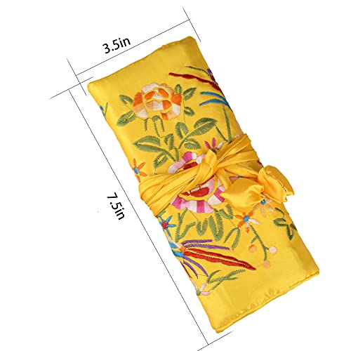 Lidwot 1 Piece Yellow Embroidery Flower And Bird Silk Brocade Jewelry Roll Bag,Travel Jewelry Organizer Bag With Ribbons Tie Close #TOP4