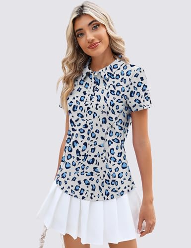 Tfsdod Women'S Cute Golfing Tops 3-Button Short Sleeve Lapel Collar Curved Hem 2024 Fashion Casual Polo Shirt Light Blue Leopard M thumb #3