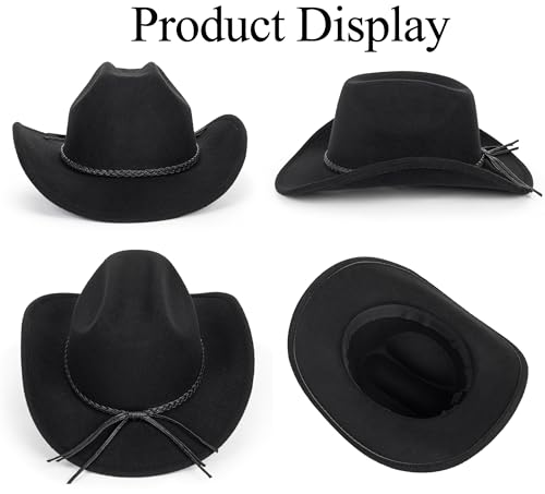 Fgss Classic-Western-Cowboy-Hat Upturn-Brim Felt-Cowgirl-Hat Rodeo-Hat With Belt For Women Men (Fit For 22.4-23.2") Black thumb #2